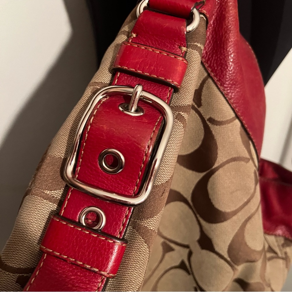 Coach F12674 Zoe Signature C Khaki Jacquard Red Leather Hobo Shoulder Bag - Picture 6 of 16